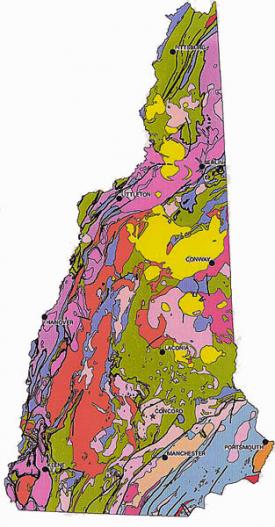 Yellow blobs show upwelling of magma during the break up of Pangea, possibly a rifting area.  One is associated with the volcanic ring dike of Ossipee.