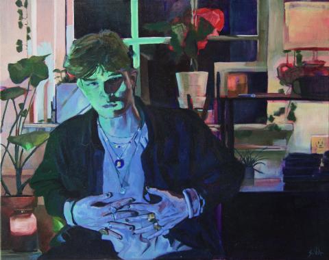 Samuel Williams, "Untitled (self-portrait with two lighters)", Oil on Canvas. Best in Level B.