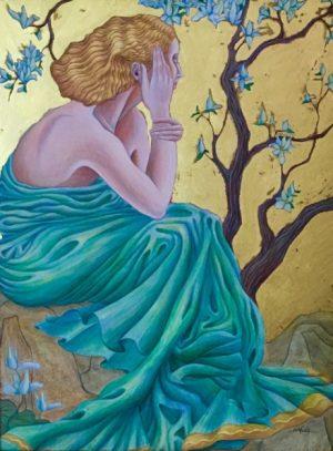 Contemplation: Lady with Magnolias, Cynthia Worthen Vascak. Egg Tempera on Gesso Panel. 2009.