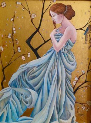 Contemplation: Lady with Plum Blossoms, Cynthia Worthen Vascak. Egg Tempera on Gesso Panel. 2009.