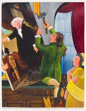 Dolley Madison Saving Gilbert Stuart’s Painting of George Washington, Annette W. Mitchel. Acrylic Painting on Arches Cover White Paper. 2017.