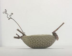 Dotted Bowl with Grapevine Handles, Sue Tucker. Stoneware Clay, Grapevine, Cane. 2019.