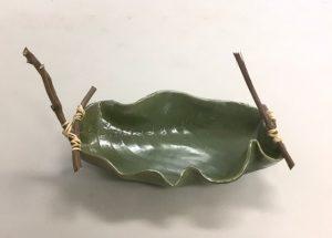 Green Bowl with Grapevine Handles, Sue Tucker. Stoneware Clay, Grapevine, Cane. 2020.