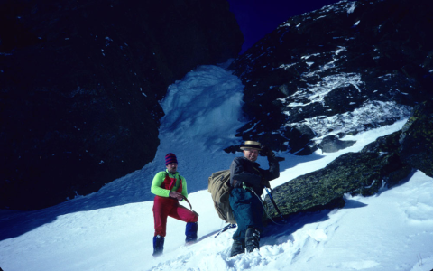 Henry Barber and Guy Waterman climbing the Pinnacle Gulley in the snow
