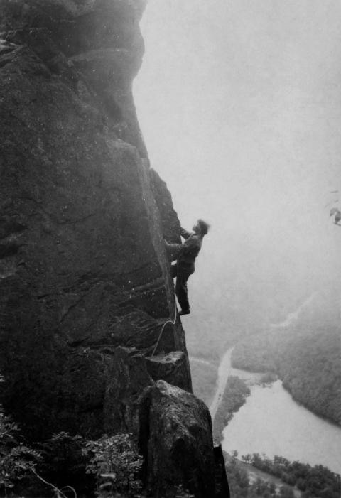 Jan Conn leading a climbing route on the Eaglet in 1945