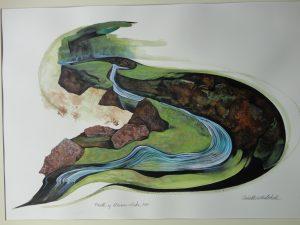 North of Stinson Lake, Annette W. Mitchell. Sumi Ink, Block Printing, and Acrylic Paint. 2018.