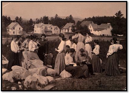 Plymouth State in 150 Objects exhibition 1900s scrapbook students outdoors