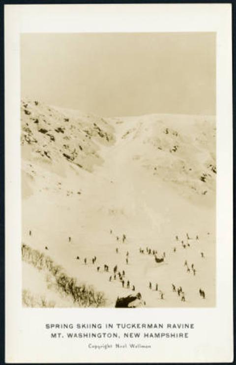 1930-1940 postcard of skiers on Tuckerman Ravine