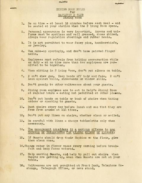 Maplewood Club Dining Room Rules, 1940