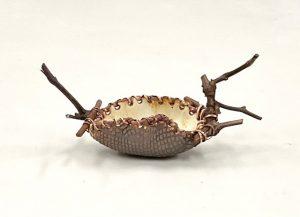 Yellow Bowl with Grapevine Handles, Sue Tucker. Stoneware Clay, Grapevine, Cane. 2021.