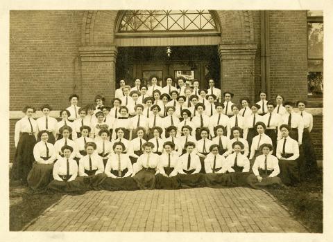 Plymouth State in 150 Objects exhibition 1910s normal hall students group picture