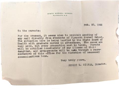 Plymouth State in 150 1920s scrapbook flu notice