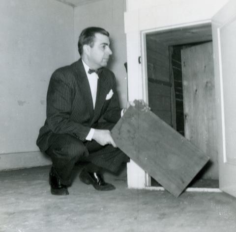Plymouth State in 150 Objects 1950s Hyde Rogers presenting possible underground railroad room