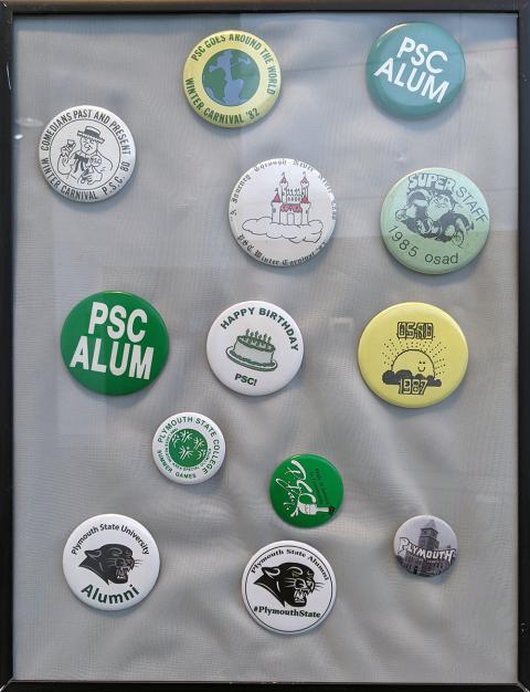 Plymouth State in 150 Objects exhibition 1980s button pins