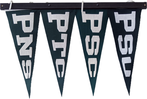 Plymouth State in 150 Objects exhibition 2000s PTC, PNS and PSU pennants