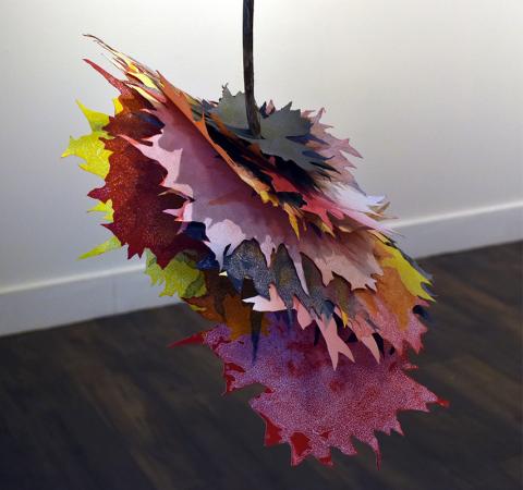 Kimberly Ritchie, Collaboration with Fawn Atencio, Undiscovered Species: Dangle (Detail). Cut relief rolled collagraphs, wire, lily reeds. 2020.