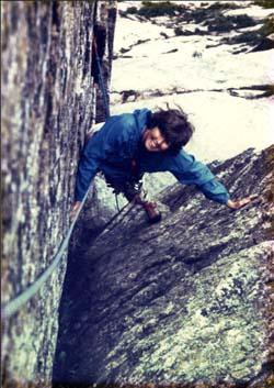 Laura Waterman on the exit moves on “Lakeview” on Cannon Cliff.