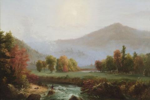 Oil painting of morning mist in Franconia Notch