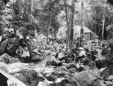 RMC Picnic at Cascade Camp, September 1913. Eugene Cook and others at picnic for rededication of Cascade Camp.