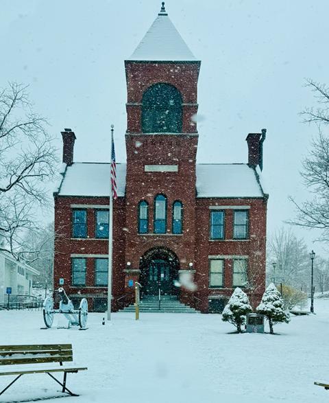 Photograph of the Plymouth Town Hall in Snow