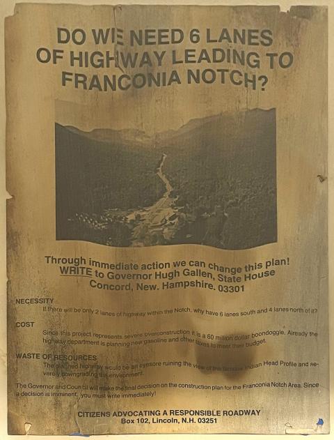 A photograph of an old pamplet titled: "Do we need 6 lanes of highway leading to the notch?"