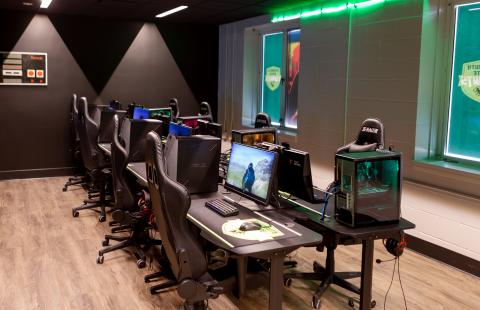 The workstations at Plymouth State University's eSports lounge