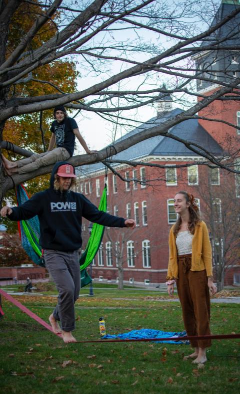 students slacklining on the lawn