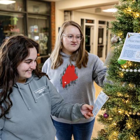 Two females putting paper onto the Christmas tree.