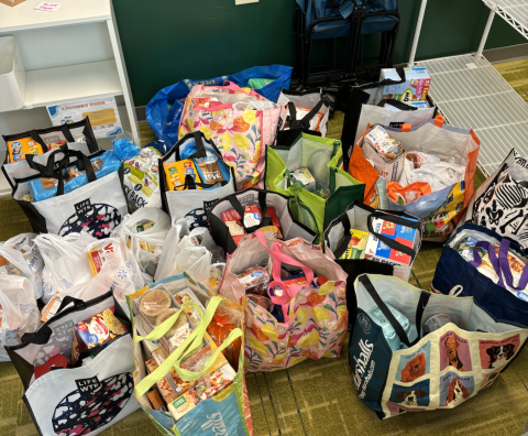 A bunch of reusable bags filled with food.