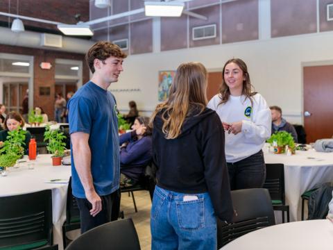 Students conversing amongst themselves in a room