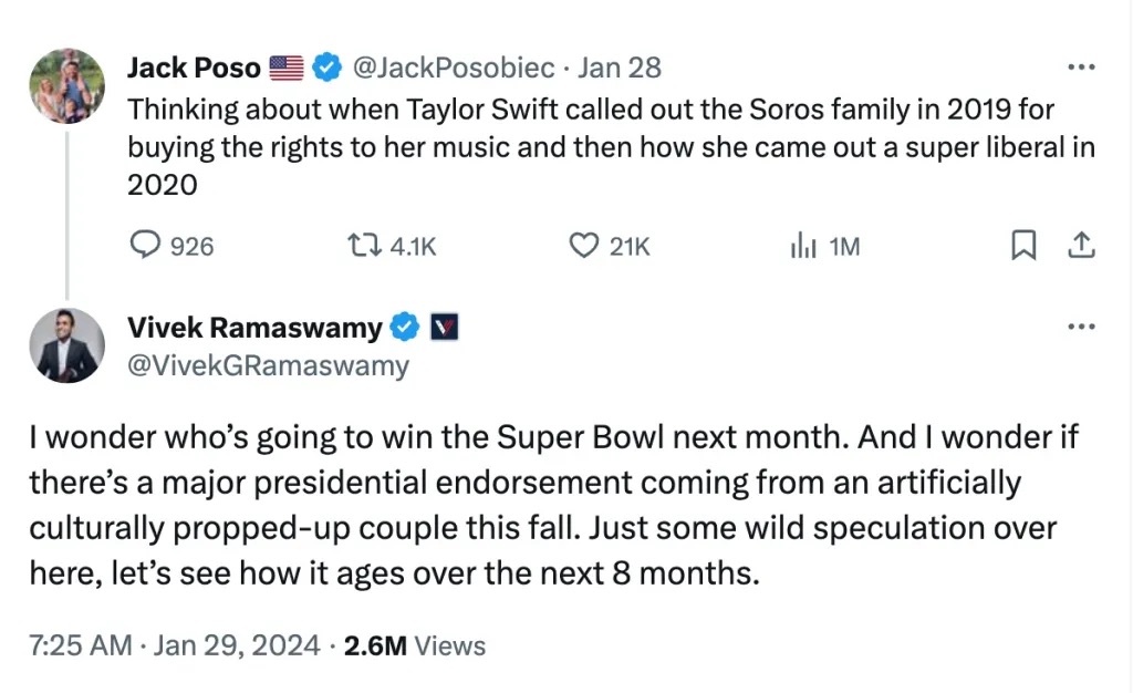 X, the website formerly known as Twitter, discourse between alt-right conspiracy theorist Jack Posobiec and former 2024 Republican nominee hopeful Vivek Ramaswamy on Taylor Swift.

@JackPosobiec 1/28:
Thinking about when Taylor Swift called out the Soros family in 2019 for buying the rights to her music and then how she came out a super liberal in 2020

@VivekGRamaswamy 2/29:
I wonder who's going to win the Super Bowl next month. And I wonder if there's a major presidential endorsement coming from an artificially culturally propped-up couple this fall. Just some wild speculation over here, lets see how it ages over the next 8 moths.
